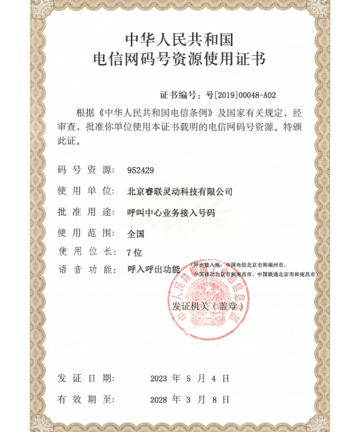 电信网码号资源使用证书